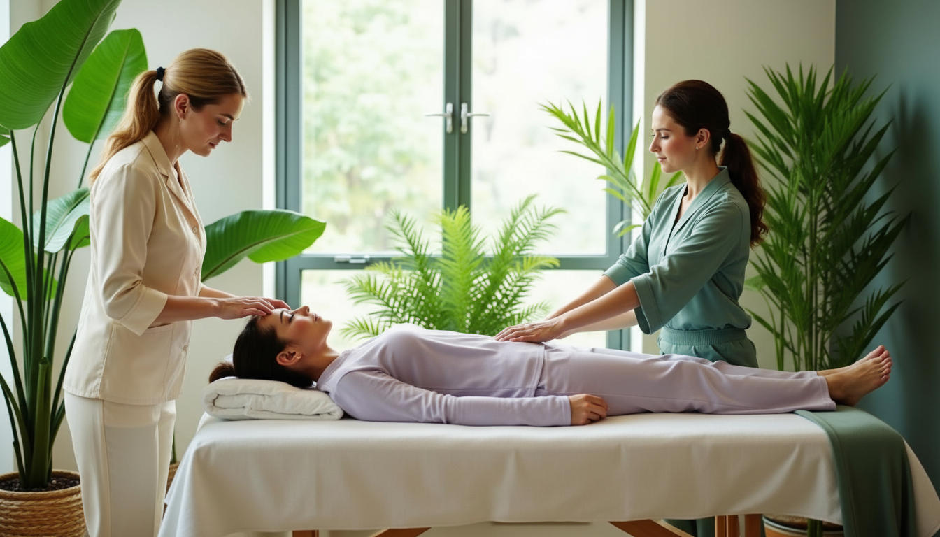 Two practitioners guiding a client through a hands-on energy healing session